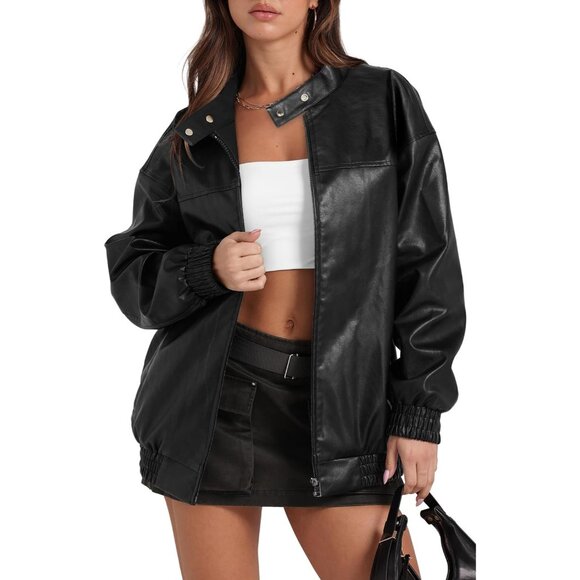Women Faux Leather Jacket Oversized B-Black Bomber Coat Fall Winter Outfits - Picture 1 of 4
